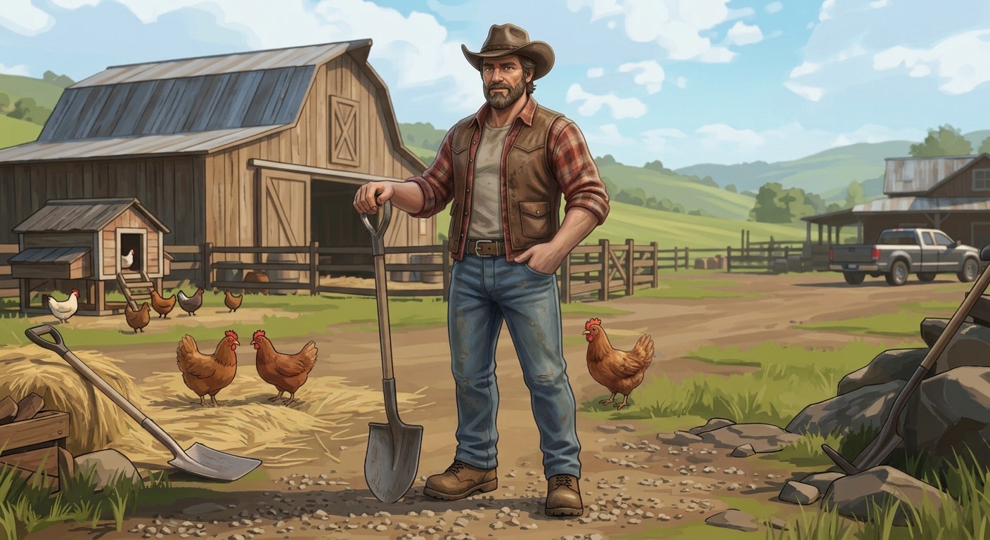 Stiliseret, malerisk ranch med rancher, rød lade, høns, grønne bakker og pickup